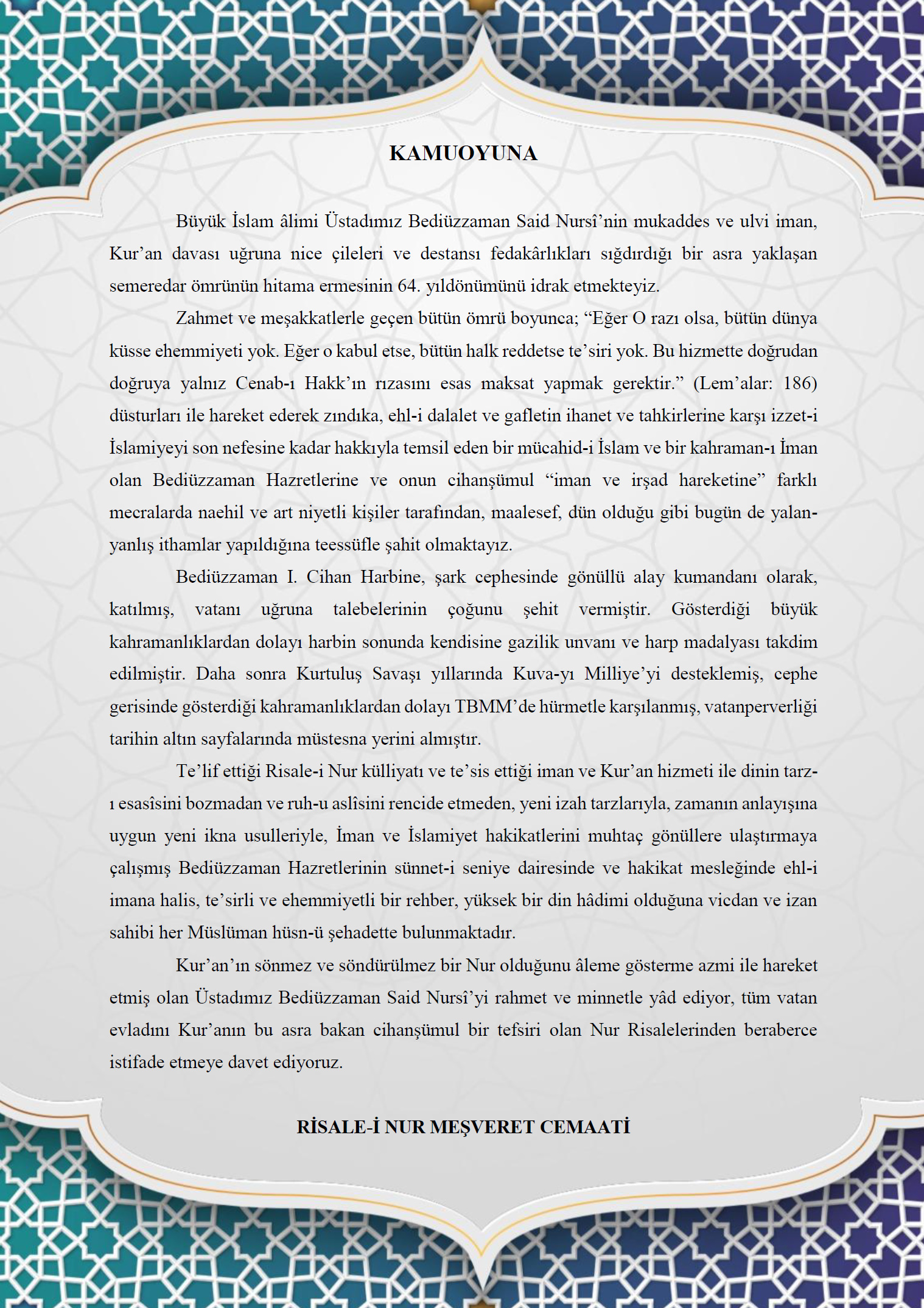 64. Vefat Yıldönümü